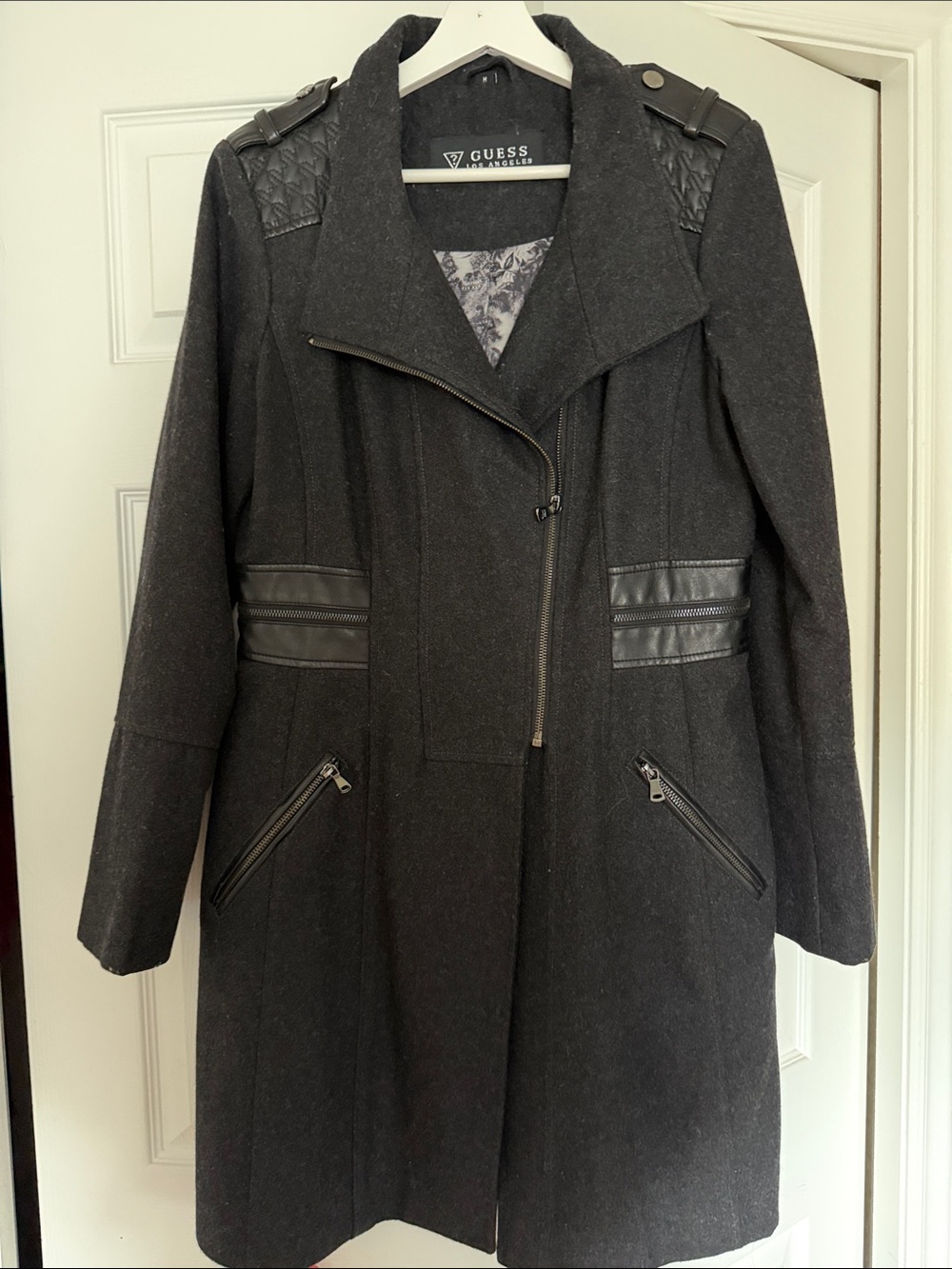 GUESS Black Asymmetric Zip Trench Coat with Faux-Leather Trim